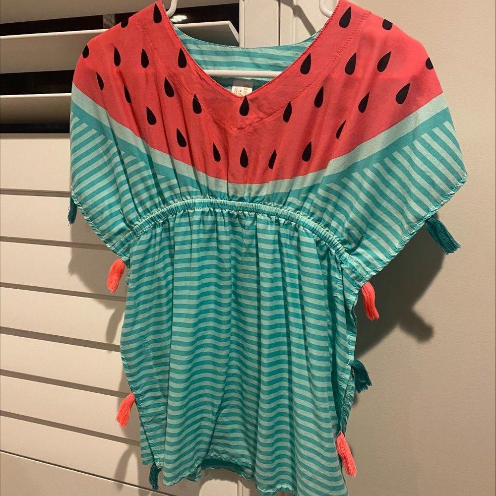 Girls Cat & Jack Swim Cover Up, Pink and blue watermelon, tassled M 7/8